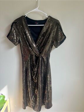 Metallic Gold Sequin Wrap-Style Midi Dress